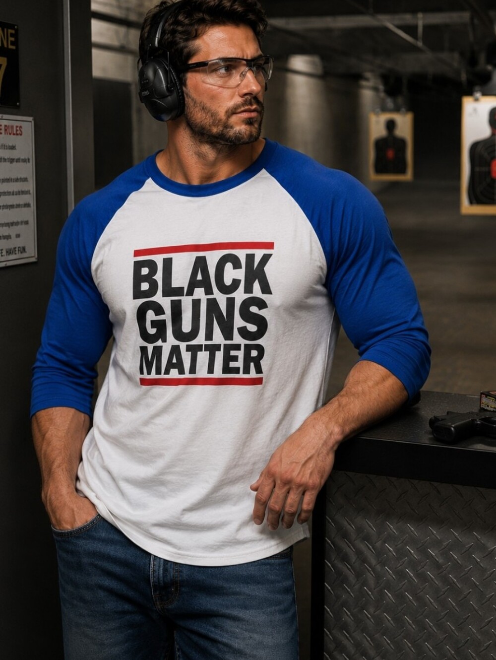 Black Guns Matter Graphic Tee 3XL Gildan Heavy Cotton Blue White Raglan Shirt
